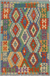 Flat Weave Kilim Antique Navaho Vintage handmade Geometric Kilim Rust Blue Hand-Woven Rectangle 100% Wool Area Rug 3x5